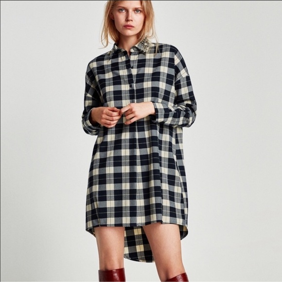 Zara Dresses & Skirts - Zara plaid shirt dress gem collar size medium